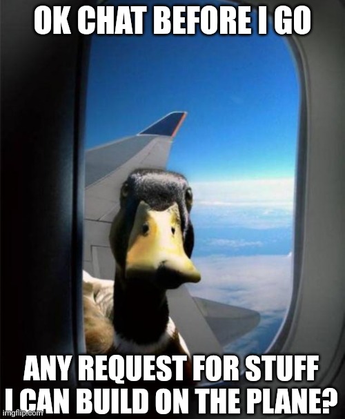 Duck on plane wing | OK CHAT BEFORE I GO; ANY REQUEST FOR STUFF I CAN BUILD ON THE PLANE? | image tagged in duck on plane wing | made w/ Imgflip meme maker