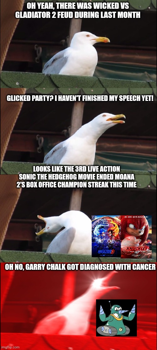 Inhaling Seagull Meme | OH YEAH, THERE WAS WICKED VS GLADIATOR 2 FEUD DURING LAST MONTH; GLICKED PARTY? I HAVEN'T FINISHED MY SPEECH YET! LOOKS LIKE THE 3RD LIVE ACTION SONIC THE HEDGEHOG MOVIE ENDED MOANA 2'S BOX OFFICE CHAMPION STREAK THIS TIME; OH NO, GARRY CHALK GOT DIAGNOSED WITH CANCER | image tagged in memes,inhaling seagull,moana,sonic the hedgehog,cancer,barbenheimer | made w/ Imgflip meme maker