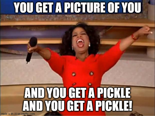 ¦¦¦¦¦ | YOU GET A PICTURE OF YOU; AND YOU GET A PICKLE AND YOU GET A PICKLE! | image tagged in memes,oprah you get a | made w/ Imgflip meme maker