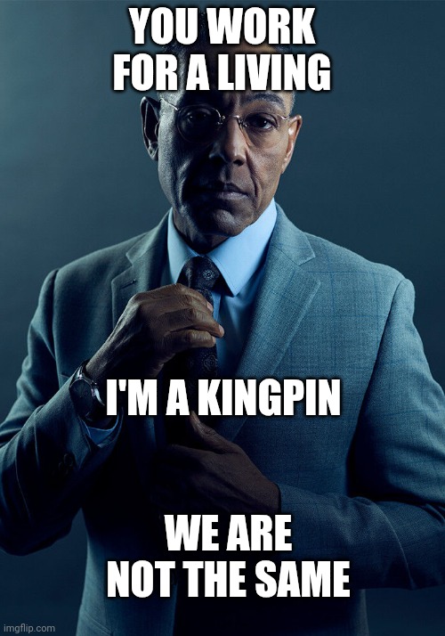 Work for a living | YOU WORK FOR A LIVING; I'M A KINGPIN; WE ARE NOT THE SAME | image tagged in gus fring we are not the same,funny memes | made w/ Imgflip meme maker