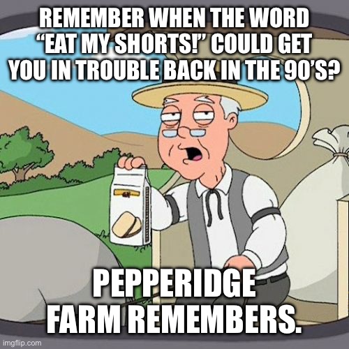 In the 90’s, when The Simpsons became popular, that word became super popular. | REMEMBER WHEN THE WORD “EAT MY SHORTS!” COULD GET YOU IN TROUBLE BACK IN THE 90’S? PEPPERIDGE FARM REMEMBERS. | image tagged in memes,pepperidge farm remembers,the simpsons | made w/ Imgflip meme maker