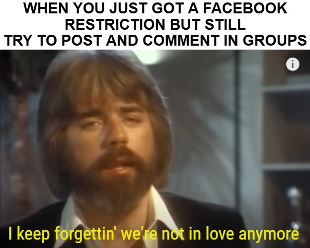 WHEN YOU JUST GOT A FACEBOOK RESTRICTION BUT STILL TRY TO POST AND COMMENT IN GROUPS; I keep forgettin' we're not in love anymore | image tagged in facebook jail,funny | made w/ Imgflip meme maker