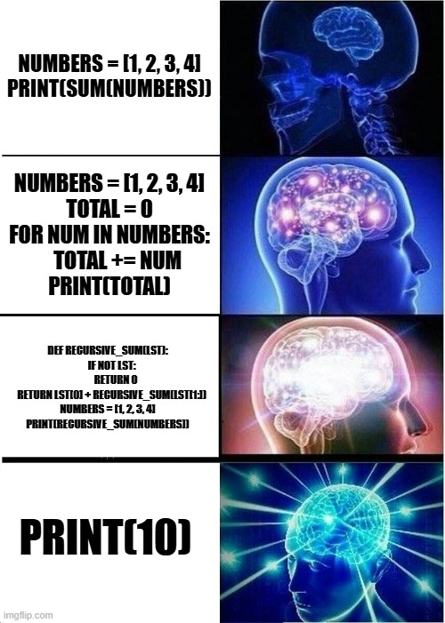 Python be like | NUMBERS = [1, 2, 3, 4]
PRINT(SUM(NUMBERS)); NUMBERS = [1, 2, 3, 4]
TOTAL = 0
FOR NUM IN NUMBERS:
    TOTAL += NUM
PRINT(TOTAL); DEF RECURSIVE_SUM(LST):
    IF NOT LST:
        RETURN 0
    RETURN LST[0] + RECURSIVE_SUM(LST[1:])

NUMBERS = [1, 2, 3, 4]
PRINT(RECURSIVE_SUM(NUMBERS)); PRINT(10) | image tagged in memes,expanding brain | made w/ Imgflip meme maker