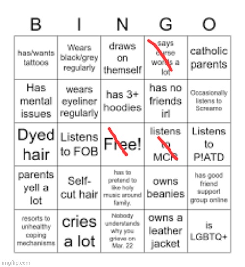 Emo bingo | image tagged in emo bingo | made w/ Imgflip meme maker