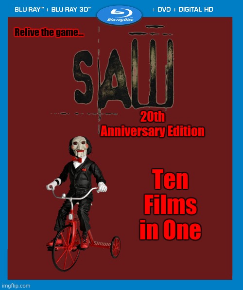 Saw 20th Anniversary Celebration DVD Concept | Relive the game... 20th Anniversary Edition; Ten Films in One | image tagged in transparent dvd case,saw,jigsaw | made w/ Imgflip meme maker