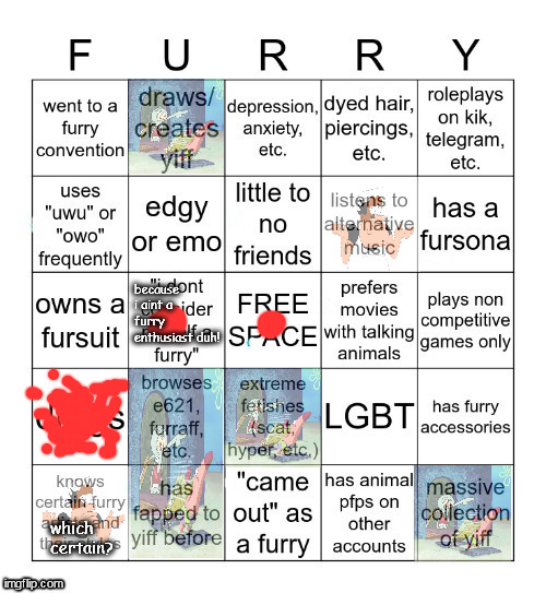 diddyit | because i aint a furry enthusiast duh! which certain? | image tagged in furry bingo v2 | made w/ Imgflip meme maker