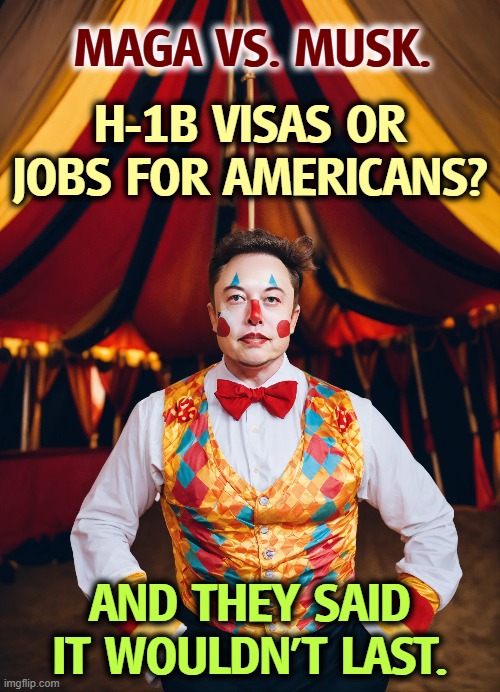 MAGA VS. MUSK. H-1B VISAS OR JOBS FOR AMERICANS? AND THEY SAID IT WOULDN'T LAST. | image tagged in elon musk,maga,jobs,they took our jobs,immigration,trump immigration policy | made w/ Imgflip meme maker