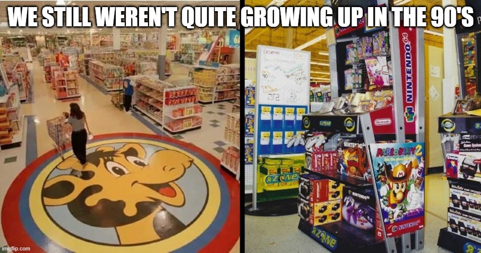 Toys R Us | WE STILL WEREN'T QUITE GROWING UP IN THE 90'S | image tagged in 90s | made w/ Imgflip meme maker