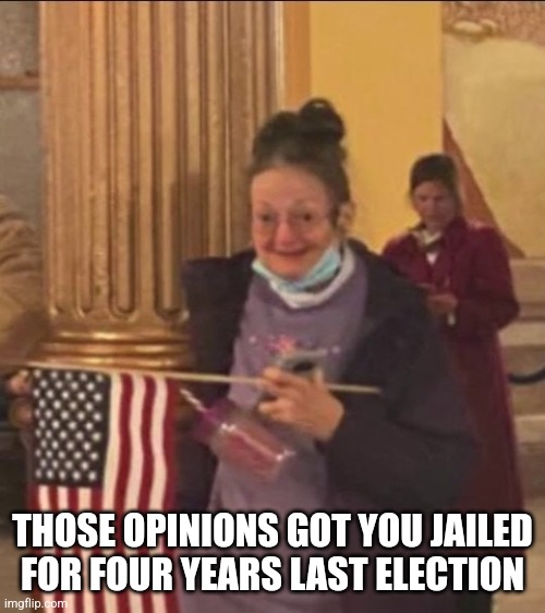 January 6 Insurrectionist | THOSE OPINIONS GOT YOU JAILED FOR FOUR YEARS LAST ELECTION | image tagged in january 6 insurrectionist | made w/ Imgflip meme maker