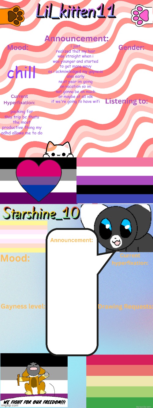 Lil_kitten11 and Starshine_10 updated temp | i just realized that my hair was straight when i was younger and started to get more wavy as i acknowledged my gayness
also early next year im going on vacation so im not gonna be on much or maybe at all idk if we're going to have wifi; chill; packing for this trip bc thats the most productive thing my adhd allows me to do | image tagged in lil_kitten11 and starshine_10 updated temp | made w/ Imgflip meme maker