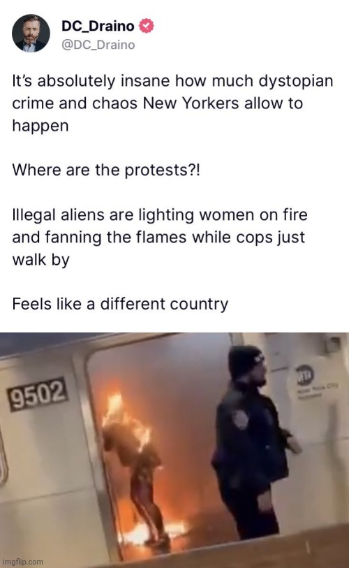 It feels like a different country | image tagged in burning woman nyc subway,crime | made w/ Imgflip meme maker