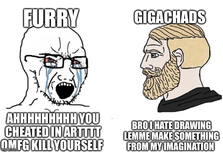 Drawing is soooo boring omg | FURRY; GIGACHADS; BRO I HATE DRAWING LEMME MAKE SOMETHING FROM MY IMAGINATION; AHHHHHHHHH YOU CHEATED IN ARTTTT OMFG KILL YOURSELF | image tagged in soyboy vs yes chad,so true,furry,anti furry | made w/ Imgflip meme maker