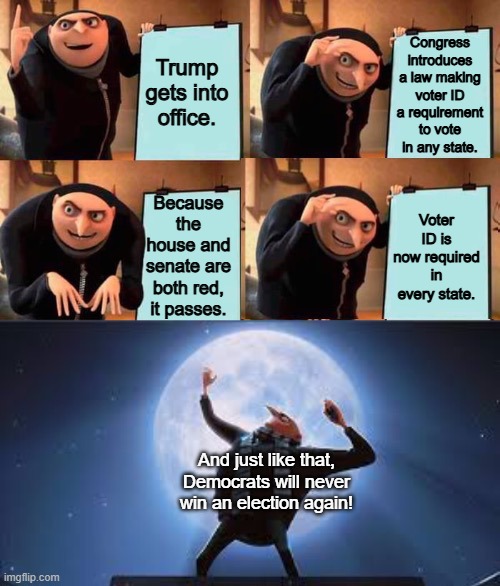 Game Over! | Congress introduces a law making voter ID a requirement to vote in any state. Trump gets into office. Because the house and senate are both red, it passes. Voter ID is now required in every state. And just like that, Democrats will never win an election again! | image tagged in gru's plan but it works,donald trump,election fraud,possibly an exaggeration,but they're cooked | made w/ Imgflip meme maker