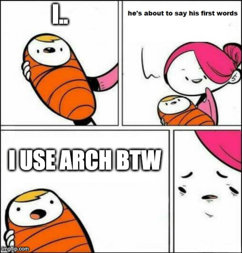 arch linux be like | I.. I USE ARCH BTW | image tagged in he is about to say his first words | made w/ Imgflip meme maker