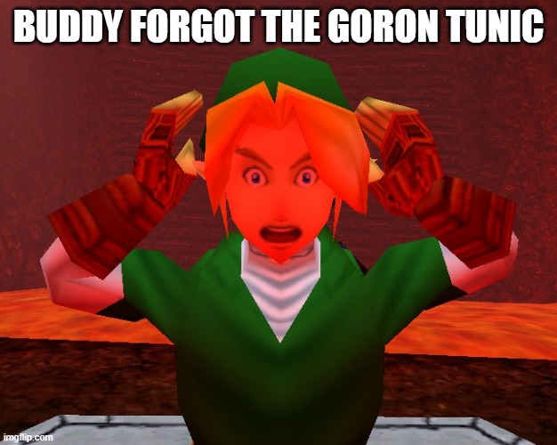 Kentucky fried link | BUDDY FORGOT THE GORON TUNIC | image tagged in shocked link,memes | made w/ Imgflip meme maker