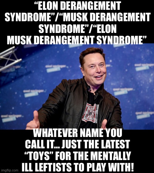 “ELON DERANGEMENT SYNDROME”/“MUSK DERANGEMENT SYNDROME”/“ELON MUSK DERANGEMENT SYNDROME”; WHATEVER NAME YOU CALL IT… JUST THE LATEST “TOYS” FOR THE MENTALLY ILL LEFTISTS TO PLAY WITH! | made w/ Imgflip meme maker