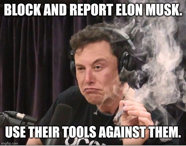 Elon Musk smoking a joint | BLOCK AND REPORT ELON MUSK. USE THEIR TOOLS AGAINST THEM. | image tagged in elon musk smoking a joint | made w/ Imgflip meme maker