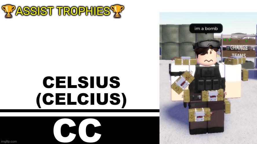 Smash Bros. Ultimate character card | 🏆ASSIST TROPHIES🏆; CELSIUS
(CELCIUS); CC | image tagged in smash bros ultimate character card | made w/ Imgflip meme maker