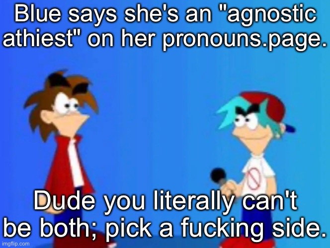 Agnosticism basically nullifies anything you believe about in gods. | Blue says she's an "agnostic athiest" on her pronouns.page. Dude you literally can't be both; pick a fuсking side. | made w/ Imgflip meme maker