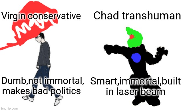 Virgin vs Chad | Chad transhuman; Virgin conservative; Smart,immortal,built in laser beam; Dumb,not immortal, makes bad politics | image tagged in virgin vs chad | made w/ Imgflip meme maker