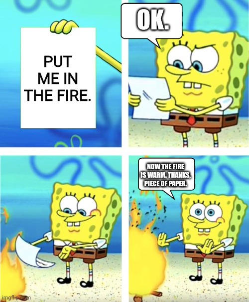 Paper | OK. PUT ME IN THE FIRE. NOW THE FIRE IS WARM. THANKS, PIECE OF PAPER. | image tagged in spongebob burning paper,anti meme | made w/ Imgflip meme maker