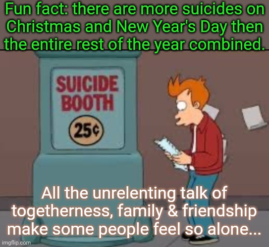 It's the most depressing time of the year. | Fun fact: there are more suicides on
Christmas and New Year's Day then
the entire rest of the year combined. All the unrelenting talk of togetherness, family & friendship make some people feel so alone... | image tagged in suicide booth,holidays,blues,death wish,what if you wanted to go to heaven,life is hard | made w/ Imgflip meme maker