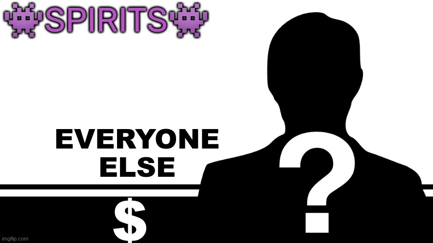 Smash Bros. Ultimate character card | 👾SPIRITS👾; EVERYONE
ELSE; $ | image tagged in smash bros ultimate character card | made w/ Imgflip meme maker