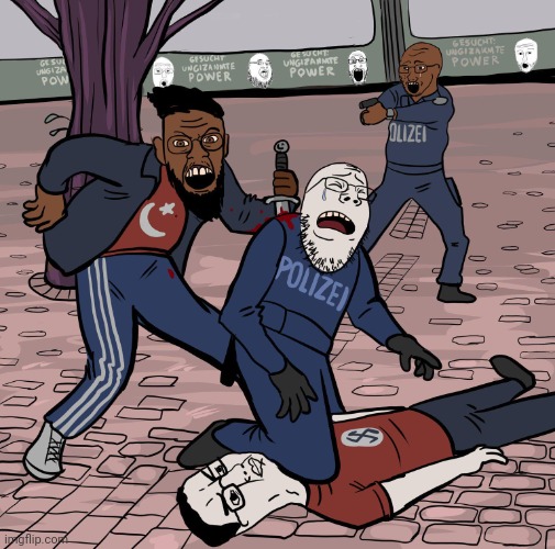 Bruh wtf dis? | image tagged in turkish wojaks stabbing german police | made w/ Imgflip meme maker