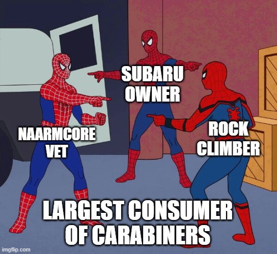 Spider Man Triple | SUBARU OWNER; NAARMCORE VET; ROCK CLIMBER; LARGEST CONSUMER OF CARABINERS | image tagged in spider man triple | made w/ Imgflip meme maker