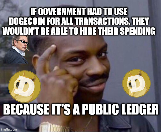 black guy pointing at head | IF GOVERNMENT HAD TO USE DOGECOIN FOR ALL TRANSACTIONS, THEY WOULDN'T BE ABLE TO HIDE THEIR SPENDING; BECAUSE IT'S A PUBLIC LEDGER | image tagged in black guy pointing at head,doge,musk,maga,dogecoin | made w/ Imgflip meme maker