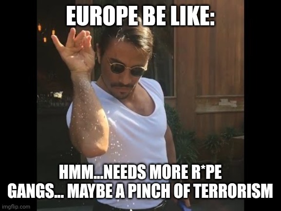 Salt guy | EUROPE BE LIKE:; HMM...NEEDS MORE R*PE GANGS... MAYBE A PINCH OF TERRORISM | image tagged in salt guy | made w/ Imgflip meme maker