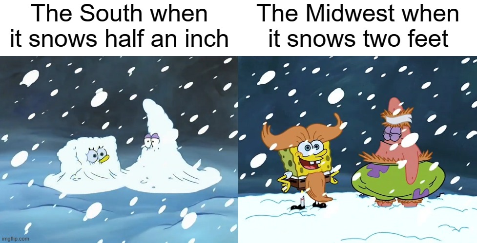 The South are a bunch of babies | The South when it snows half an inch; The Midwest when it snows two feet | image tagged in snow,relatable memes,so true memes,winter,usa | made w/ Imgflip meme maker