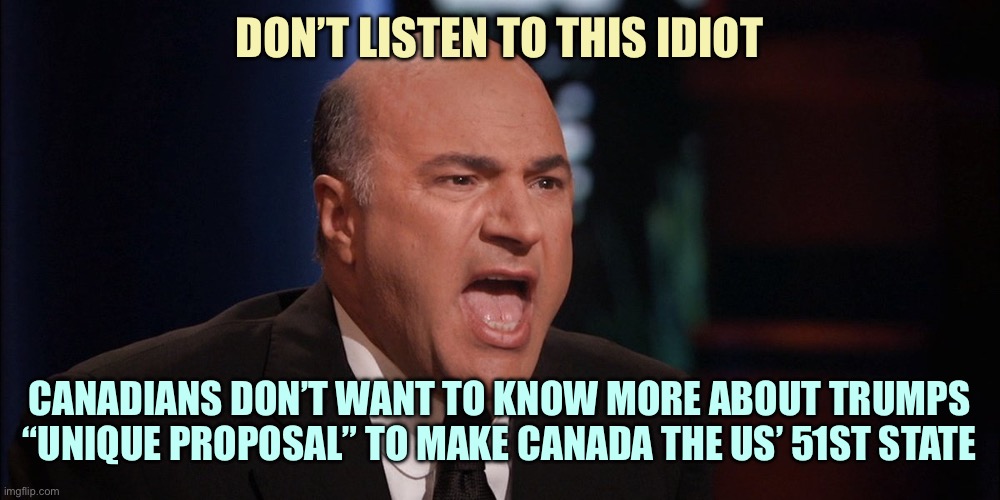 Idiot Tank | DON’T LISTEN TO THIS IDIOT; CANADIANS DON’T WANT TO KNOW MORE ABOUT TRUMPS “UNIQUE PROPOSAL” TO MAKE CANADA THE US’ 51ST STATE | image tagged in kevin oleary,memes,meanwhile in canada | made w/ Imgflip meme maker