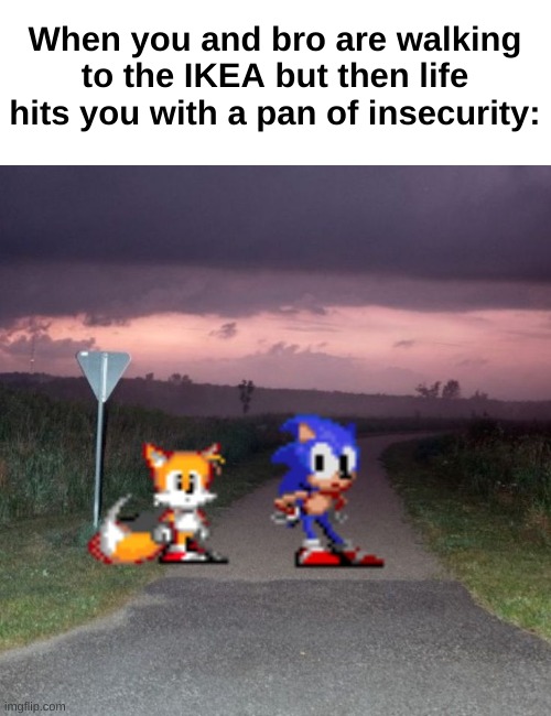 "Where are we now?"//"Somewhere." | When you and bro are walking to the IKEA but then life hits you with a pan of insecurity: | image tagged in sonic dreamcore,relatable,sonic and tails | made w/ Imgflip meme maker