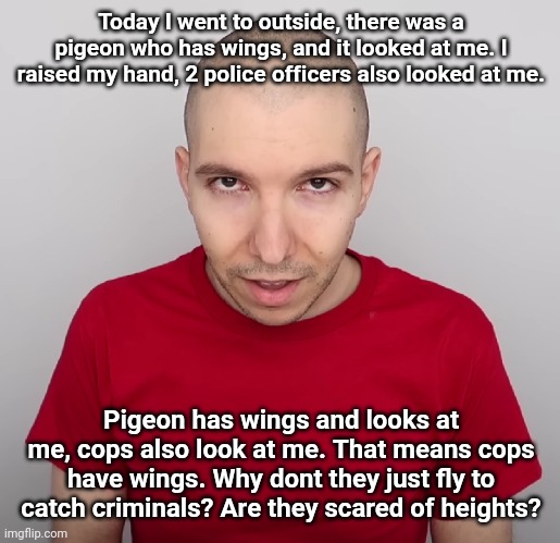 Two Steps Ahead | Today I went to outside, there was a pigeon who has wings, and it looked at me. I raised my hand, 2 police officers also looked at me. Pigeon has wings and looks at me, cops also look at me. That means cops have wings. Why dont they just fly to catch criminals? Are they scared of heights? | image tagged in two steps ahead | made w/ Imgflip meme maker