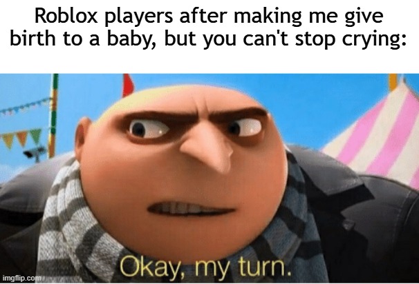 Roblox just made me give birth to a baby | Roblox players after making me give birth to a baby, but you can't stop crying: | image tagged in okay my turn,memes,funny | made w/ Imgflip meme maker