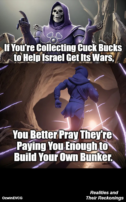 Realities and Their Reckonings | If You're Collecting Cuck Bucks 

to Help Israel Get Its Wars, You Better Pray They're 

Paying You Enough to 

Build Your Own Bunker. Realities and 

Their Reckonings; OzwinEVCG | image tagged in nongoogle that,israel,peace and war,foreign subversion,world occupied,cuck bucks | made w/ Imgflip meme maker