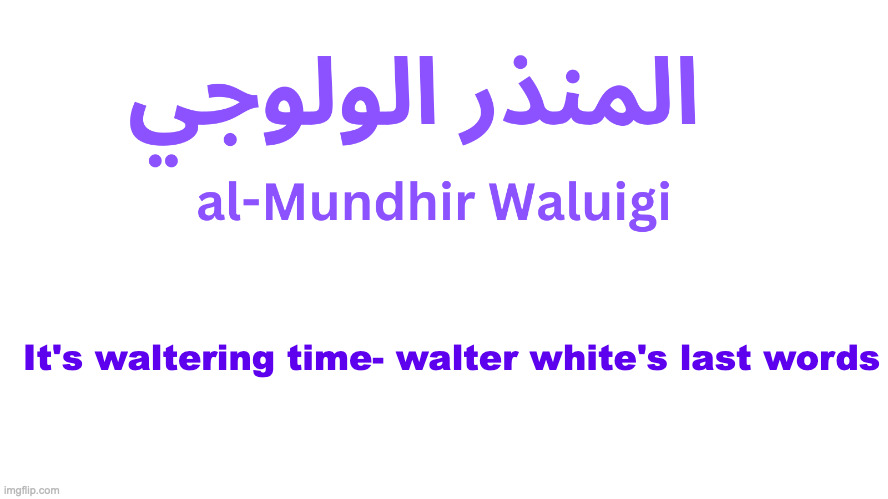 al-Mundhir Waluigi Announcement | It's waltering time- walter white's last words | image tagged in al-mundhir waluigi announcement | made w/ Imgflip meme maker