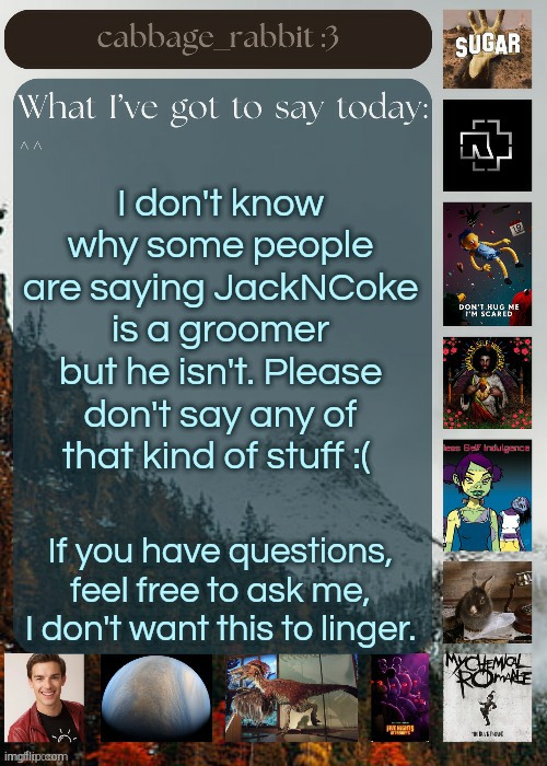 :( | I don't know why some people are saying JackNCoke is a groomer but he isn't. Please don't say any of that kind of stuff :(; If you have questions, feel free to ask me, I don't want this to linger. | image tagged in cabbage_rabbit | made w/ Imgflip meme maker