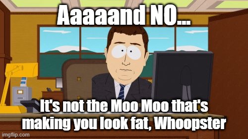 Aaaaand Its Gone Meme | Aaaaand NO... It's not the Moo Moo that's making you look fat, Whoopster | image tagged in memes,aaaaand its gone | made w/ Imgflip meme maker