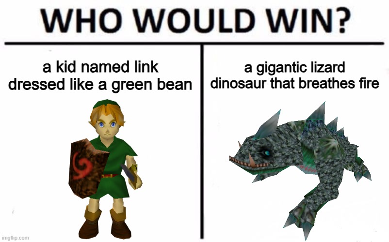 who do you think would win? | a kid named link dressed like a green bean; a gigantic lizard dinosaur that breathes fire | image tagged in memes,who would win,the legend of zelda | made w/ Imgflip meme maker