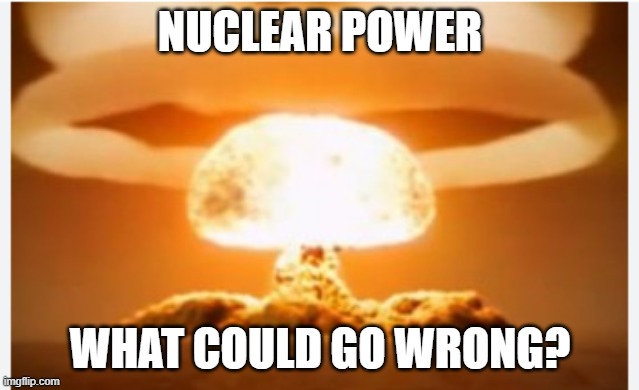 mushroom cloud | NUCLEAR POWER WHAT COULD GO WRONG? | image tagged in mushroom cloud | made w/ Imgflip meme maker