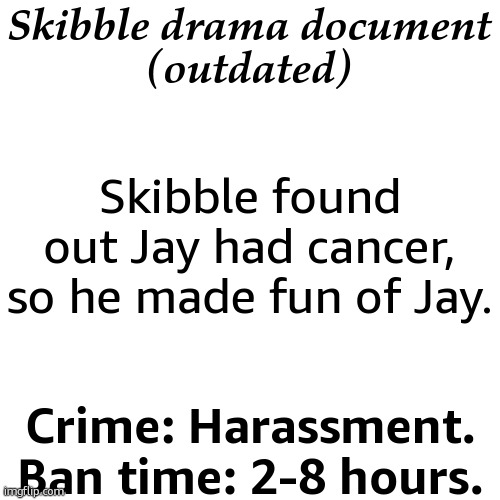 outdated means it happeed before the drama documents started | Skibble drama document
(outdated); Skibble found out Jay had cancer, so he made fun of Jay. Crime: Harassment. Ban time: 2-8 hours. | image tagged in drama document | made w/ Imgflip meme maker