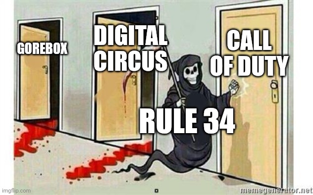 Grim Reaper Knocking Door | CALL OF DUTY; DIGITAL CIRCUS; GOREBOX; RULE 34 | image tagged in grim reaper knocking door | made w/ Imgflip meme maker