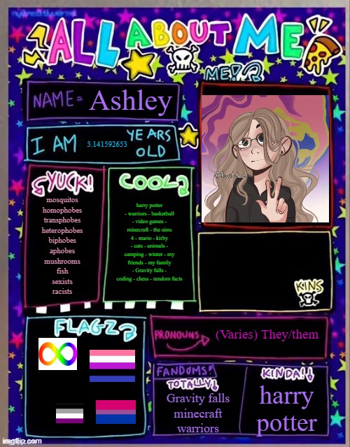 All about me! (Og temp by Jade) | Ashley; 3.141592653; harry potter - warriors - basketball - video games - minecraft - the sims 4 - mario - kirby - cats - animals - camping - winter - my friends - my family - Gravity falls - coding - chess - random facts; mosquitos
homophobes
transphobes
heterophobes
biphobes
aphobes
mushrooms
fish
sexists
racists; (Varies) They/them; harry potter; Gravity falls
minecraft
warriors | image tagged in all about me og temp by jade | made w/ Imgflip meme maker