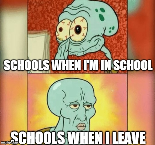 Ugly and Handsome Squidward | SCHOOLS WHEN I'M IN SCHOOL; SCHOOLS WHEN I LEAVE | image tagged in ugly and handsome squidward,school | made w/ Imgflip meme maker