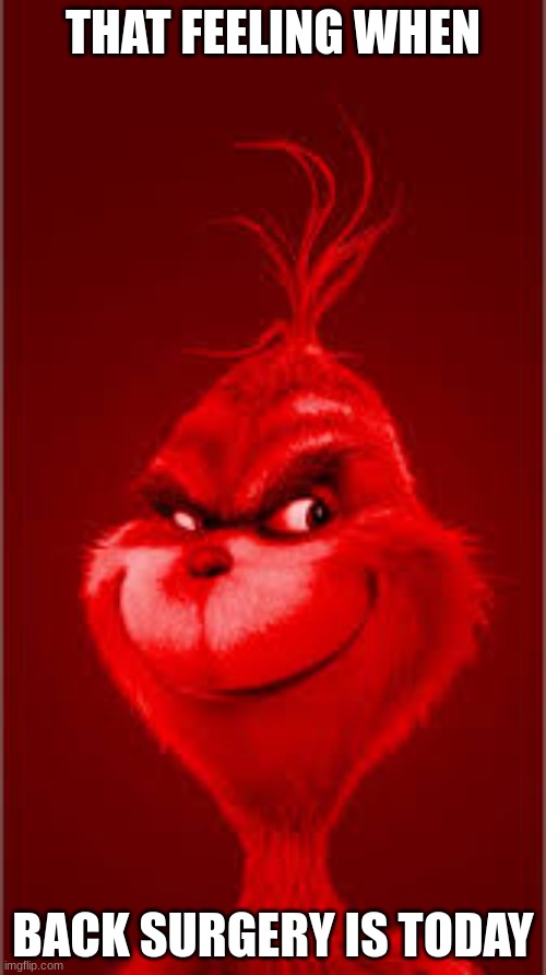 Red Grinch | THAT FEELING WHEN; BACK SURGERY IS TODAY | image tagged in red grinch | made w/ Imgflip meme maker