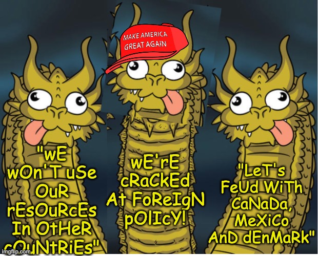 . . . and there's more: the cognitive dissonance is endless | "LeT's FeUd WiTh CaNaDa, MeXiCo AnD dEnMaRk"; "wE wOn'T uSe OuR rEsOuRcEs In OtHeR cOuNtRiEs"; wE'rE
cRaCkEd
At FoReIgN
pOlIcY! | image tagged in triple stupid dragon,maga,trump,stupid,foreign policy | made w/ Imgflip meme maker