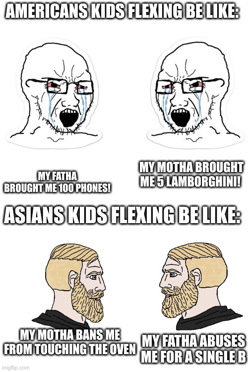 American vs Asian stereotype | AMERICANS KIDS FLEXING BE LIKE:; MY MOTHA BROUGHT ME 5 LAMBORGHINI! MY FATHA BROUGHT ME 100 PHONES! ASIANS KIDS FLEXING BE LIKE:; MY MOTHA BANS ME FROM TOUCHING THE OVEN; MY FATHA ABUSES ME FOR A SINGLE B | image tagged in oh wow are you actually reading these tags | made w/ Imgflip meme maker