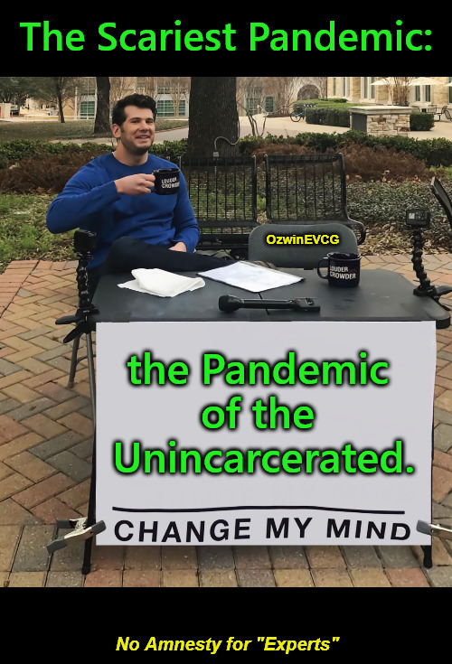 No Amnesty for "Experts" | The Scariest Pandemic:; OzwinEVCG; the Pandemic 

of the 

Unincarcerated. No Amnesty for "Experts" | image tagged in change my mind tilt-corrected,covid-19,no covid amnesty,world occupied,government corruption,msm lies | made w/ Imgflip meme maker